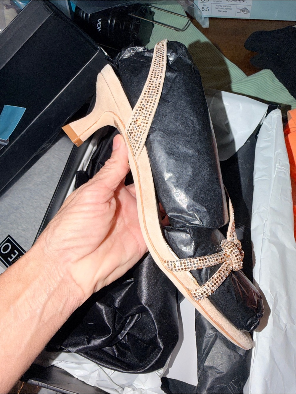 Source Unknown Beige Rhinestone Knot Slingback Heels